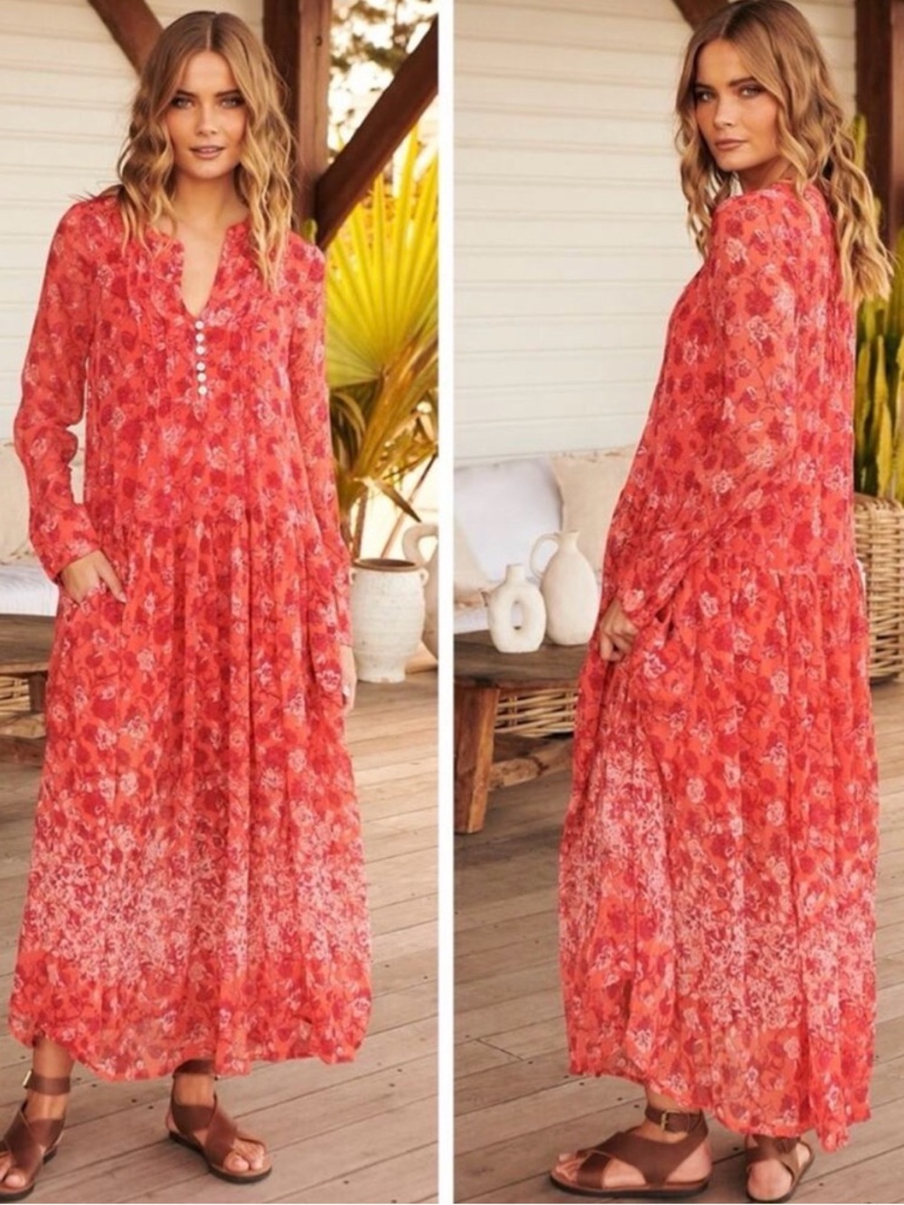 Free People Coral Floral Sheer Tiered Maxi Dress - Picture 14 of 16